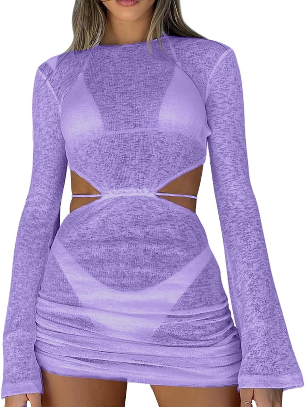 Lavender Cutout Long-Sleeve Bodycon Coverup Dress